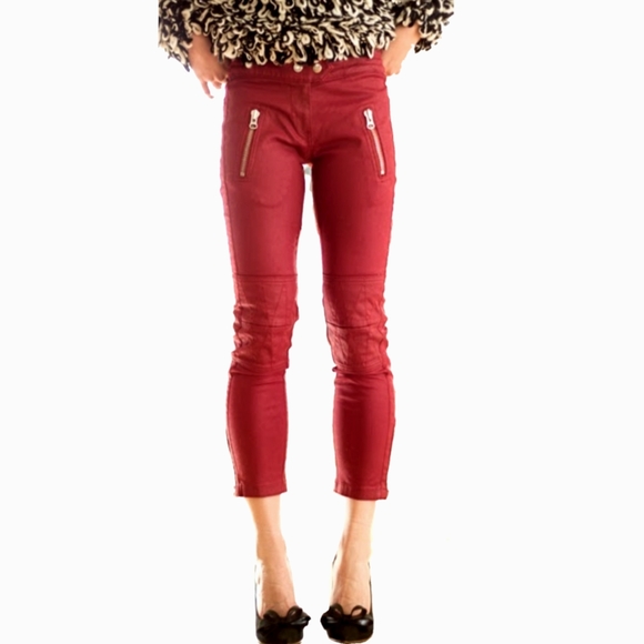 Isabel Marant EToile Pelona Biker Pants Moto Skinny Jeans Red waxed H&M - Picture 7 of 12
